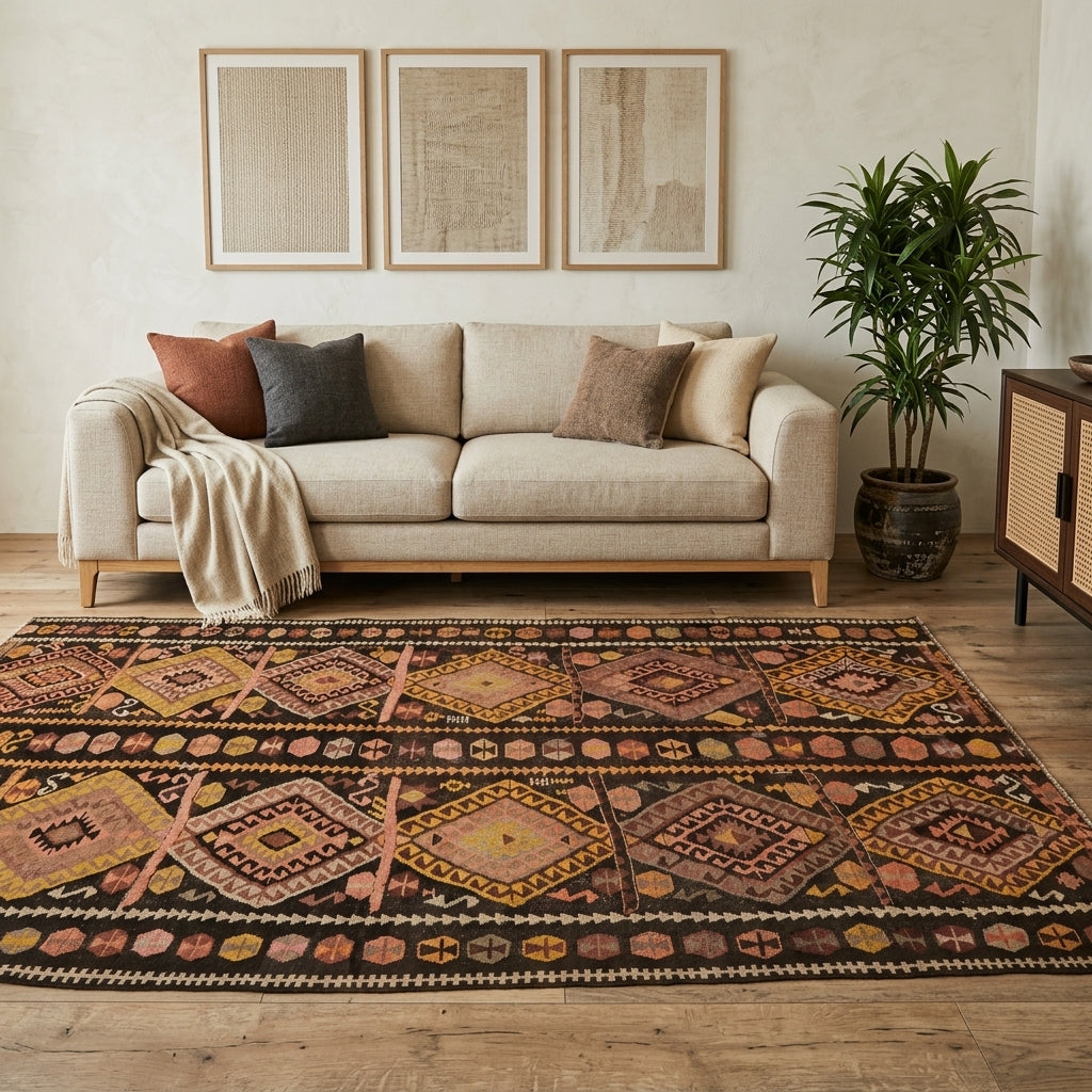 Tribal pattern on the Charitotima vintage kilim rug – handwoven flatweave in Anatolia, Turkey