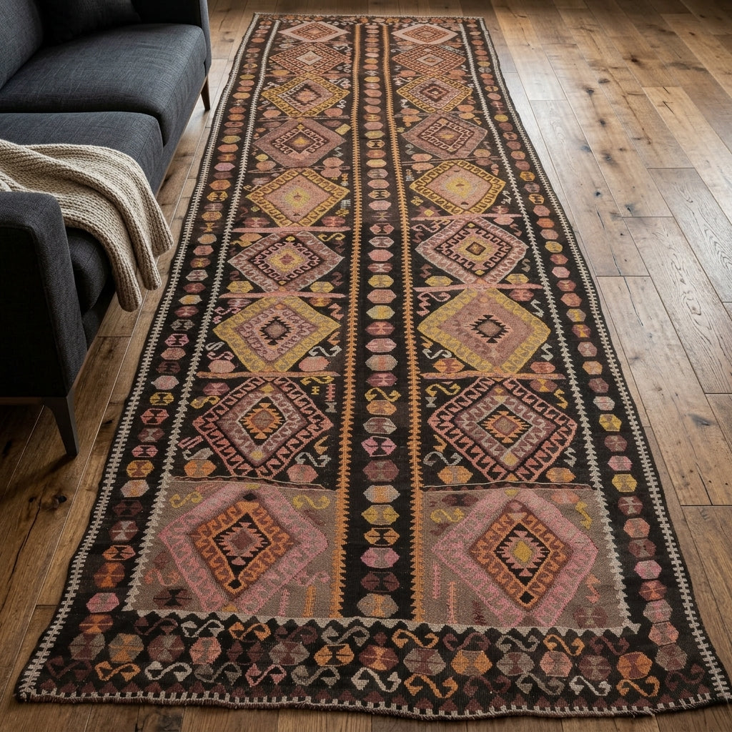 Tribal pattern on the Charitotima vintage kilim rug – handwoven flatweave in Anatolia, Turkey