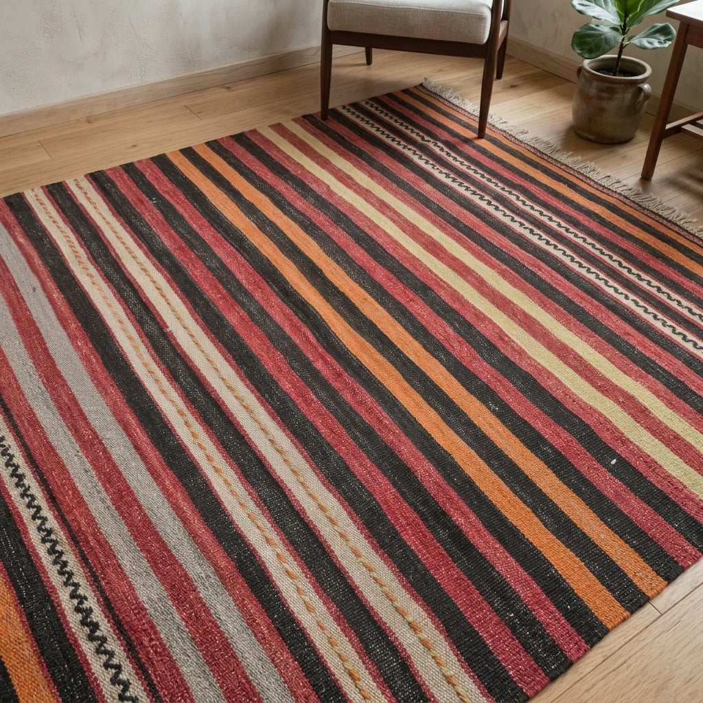 Striped pattern on the Yakutisik vintage kilim rug – handwoven flatweave in Anatolia, Turkey