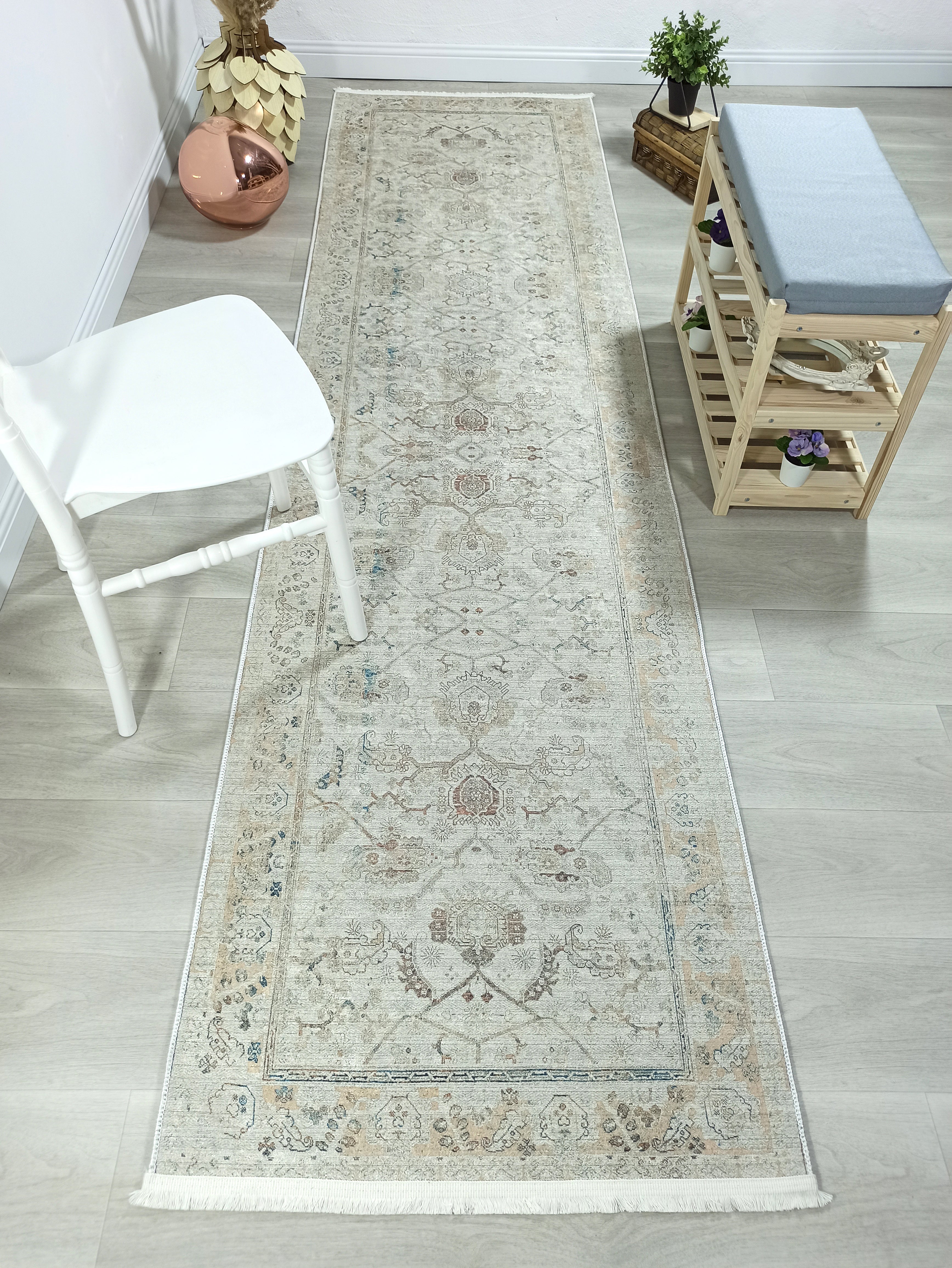 Turkish Oushak Neutral Faded Beige Vintage Design Rug