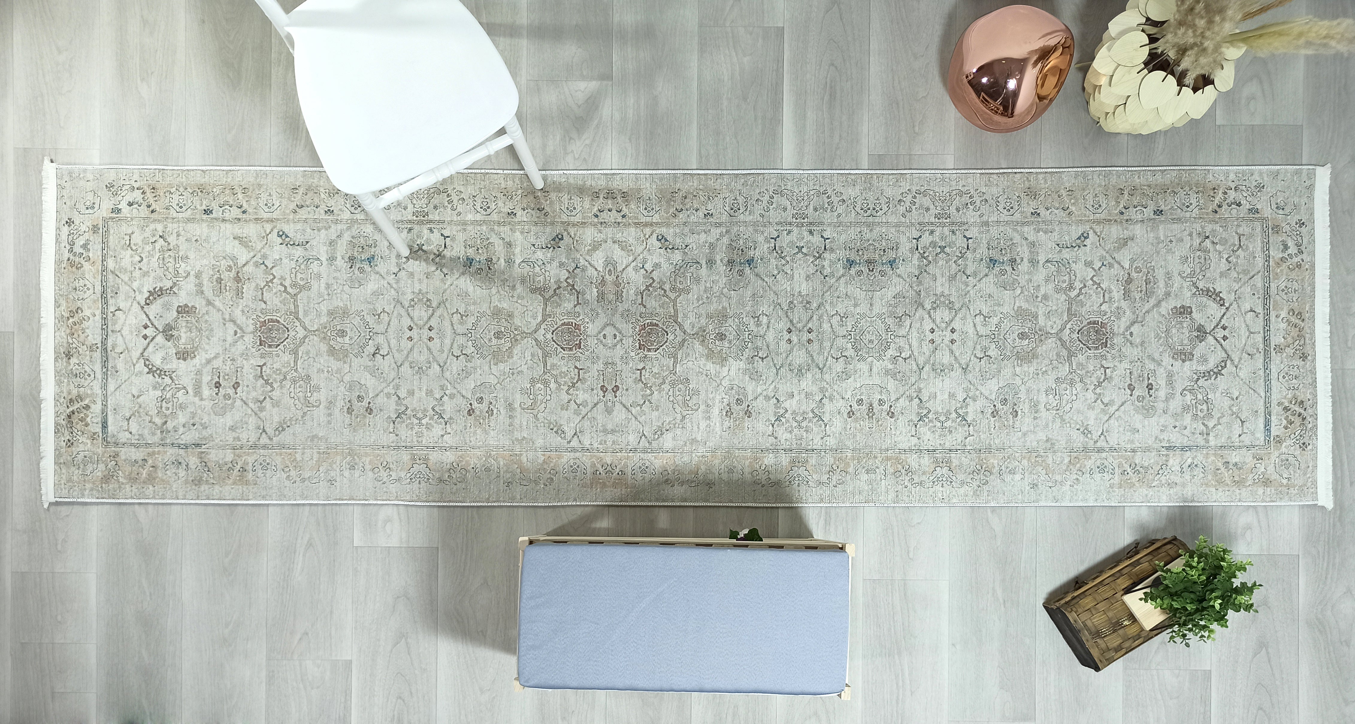 Turkish Oushak Neutral Faded Beige Vintage Design Rug