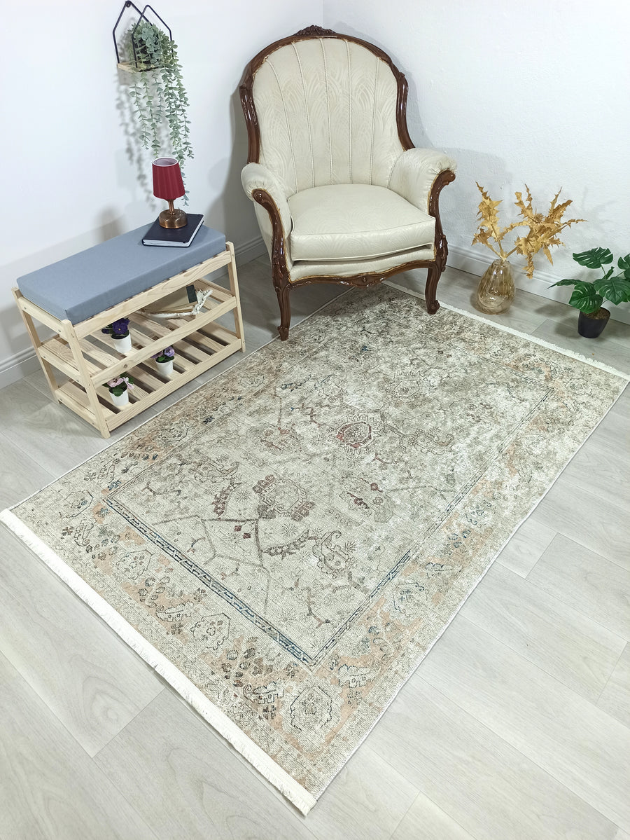 Turkish Oushak Neutral Faded Beige Vintage Design Rug