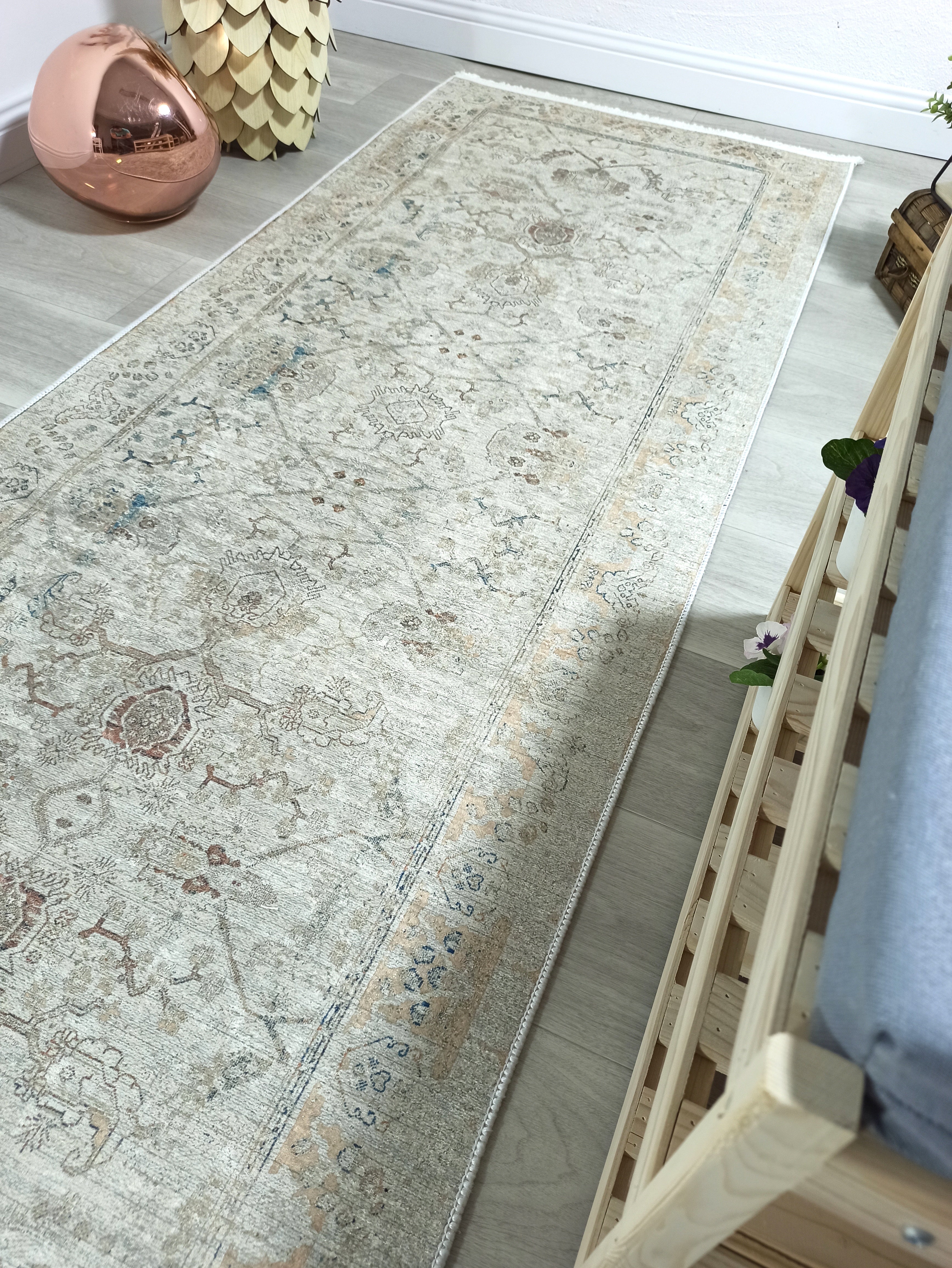 Turkish Oushak Neutral Faded Beige Vintage Design Rug