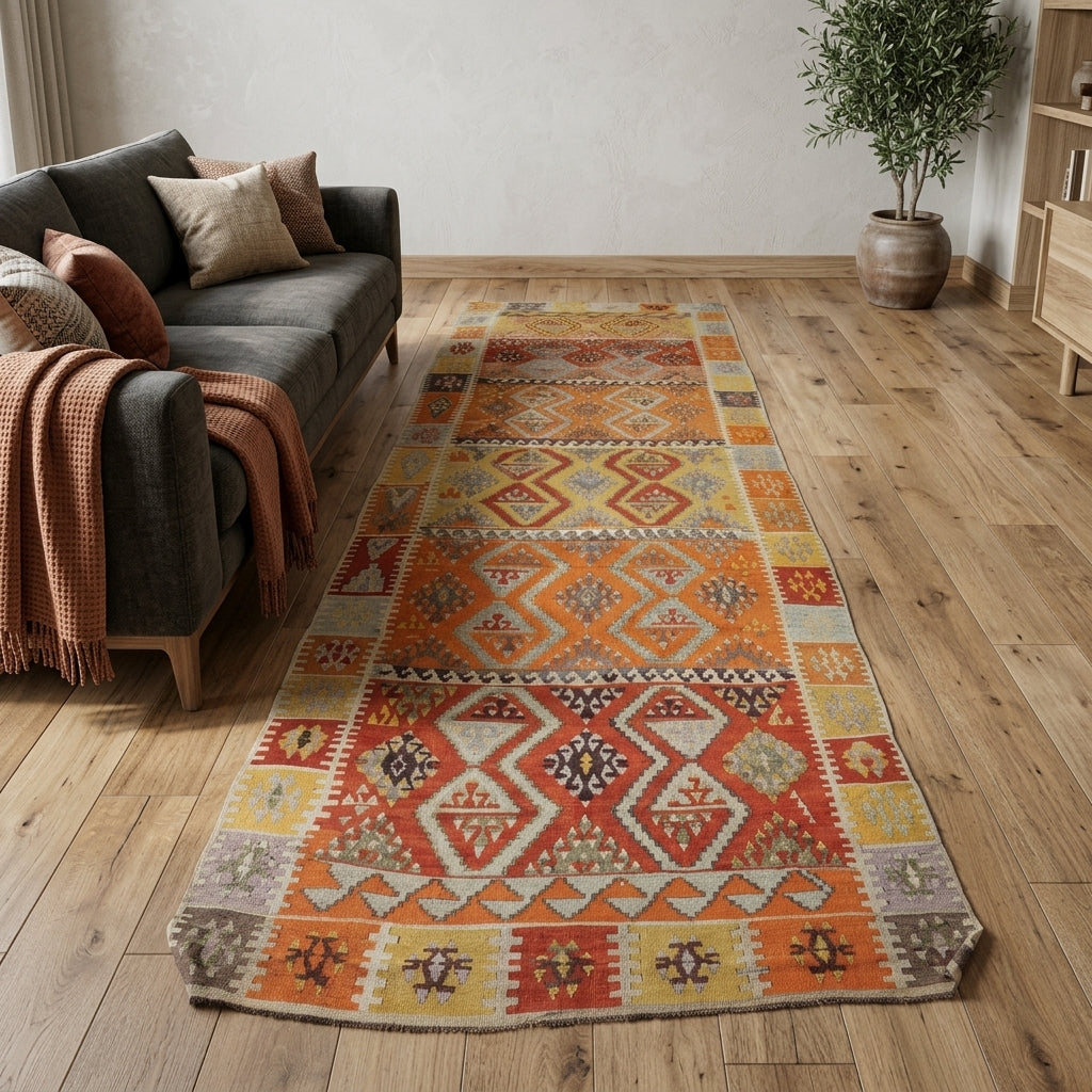 Ikat pattern on the Nedimnaz vintage kilim runner rug – handwoven flatweave in Anatolia, Turkey