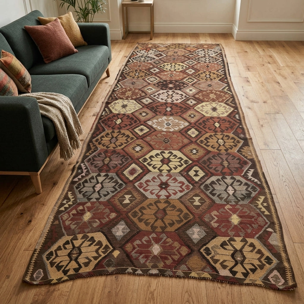Ikat pattern on the Nazumut vintage kilim runner rug – handwoven flatweave in Anatolia, Turkey