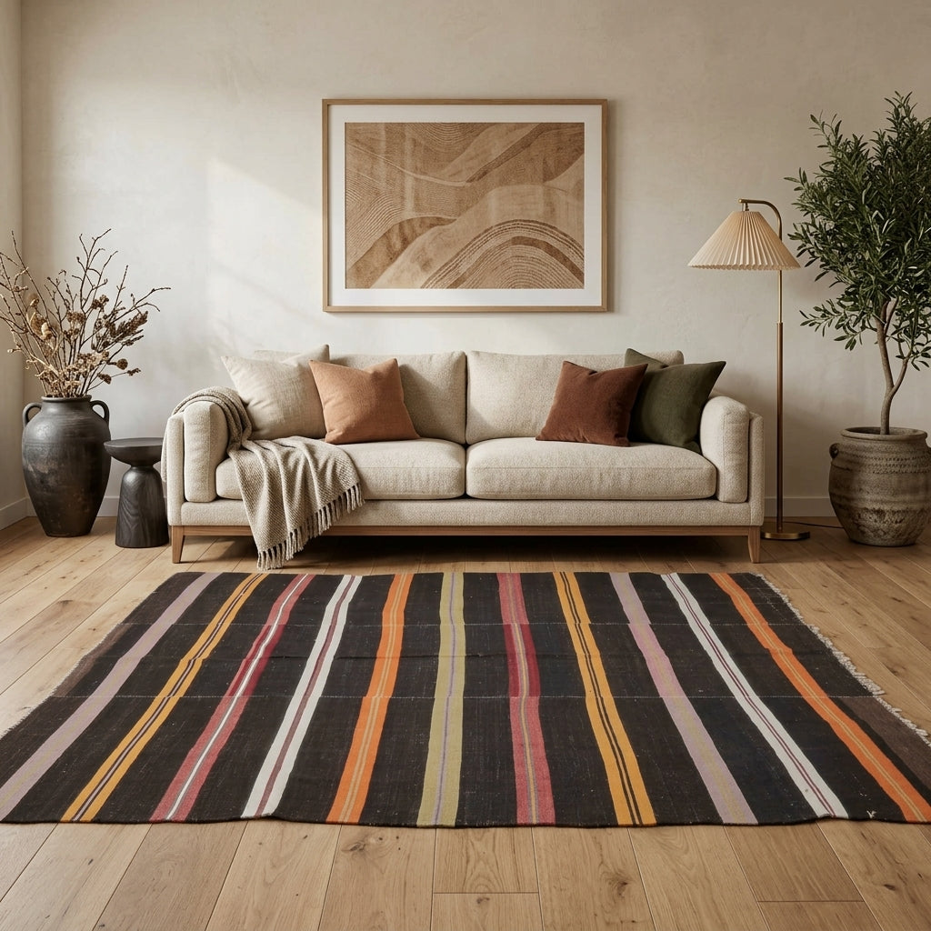 Striped pattern on the Guranda vintage kilim rug – handwoven flatweave in Anatolia, Turkey