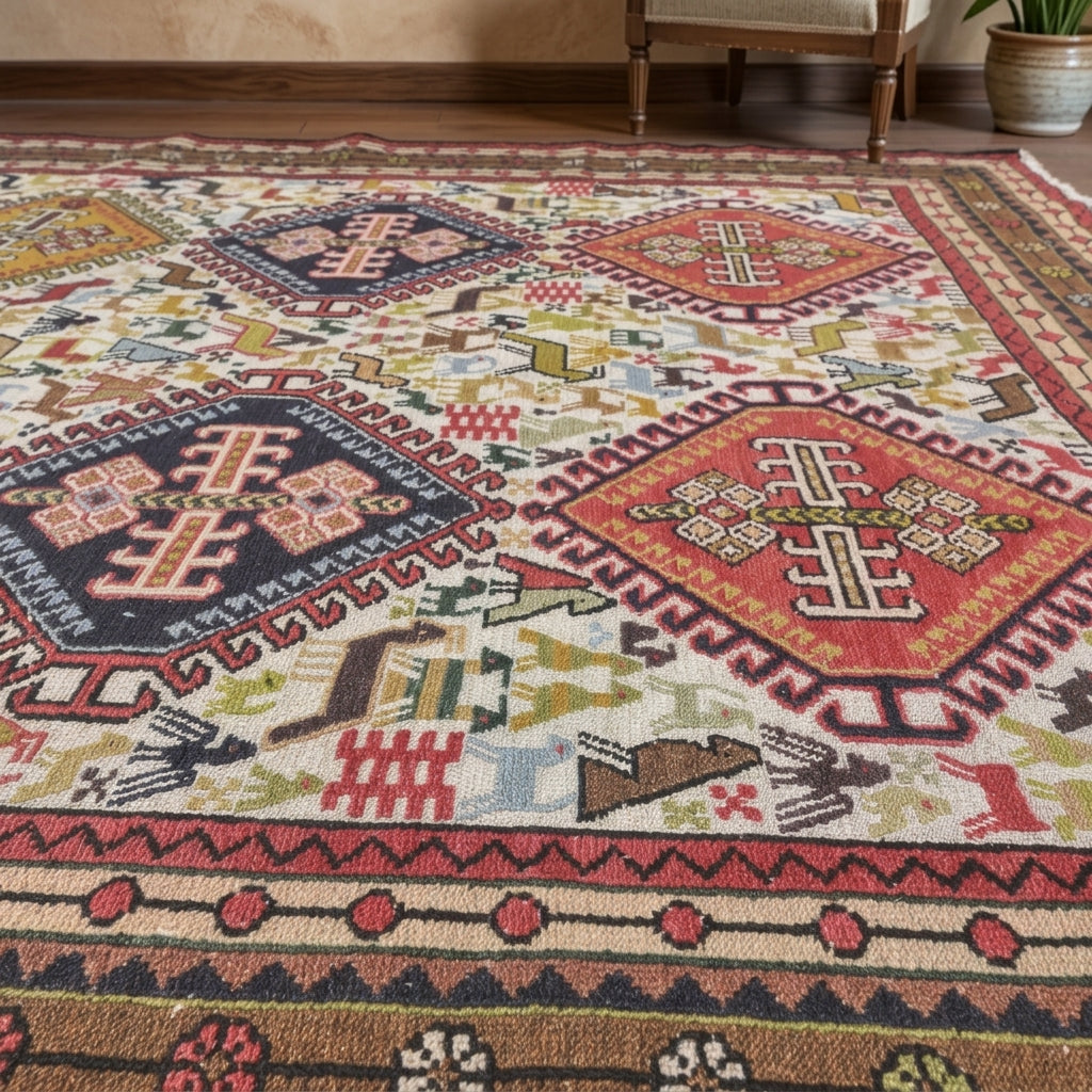 Ikat pattern on the Vuslatpeyker vintage kilim rug – handwoven flatweave in Anatolia, Turkey