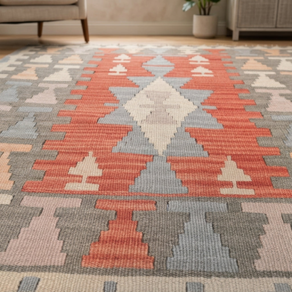 Oriental pattern on the Vefay vintage kilim rug – handwoven flatweave in Anatolia, Turkey