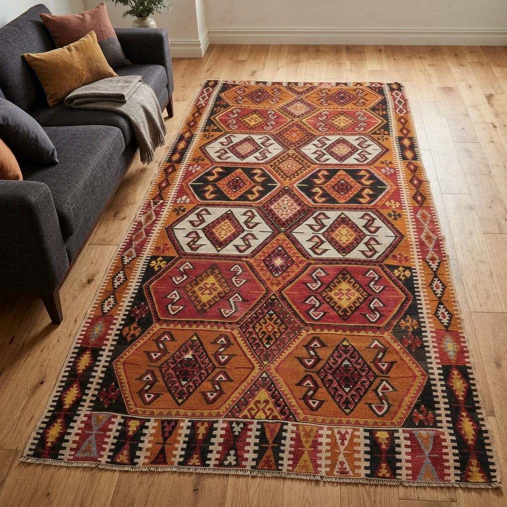 Ikat pattern on the Charitanthe vintage kilim rug – handwoven flatweave in Anatolia, Turkey