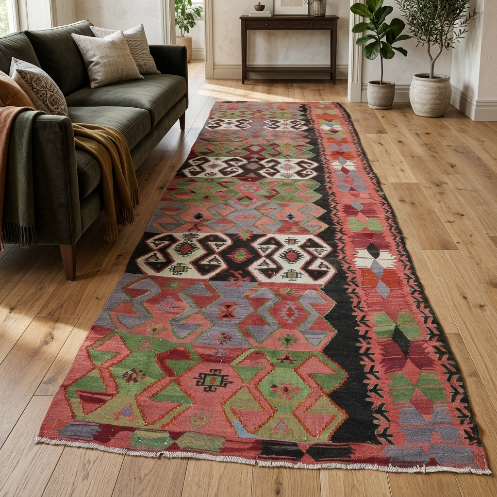 Oriental pattern on the Nazcihan vintage kilim runner rug – handwoven flatweave in Anatolia, Turkey