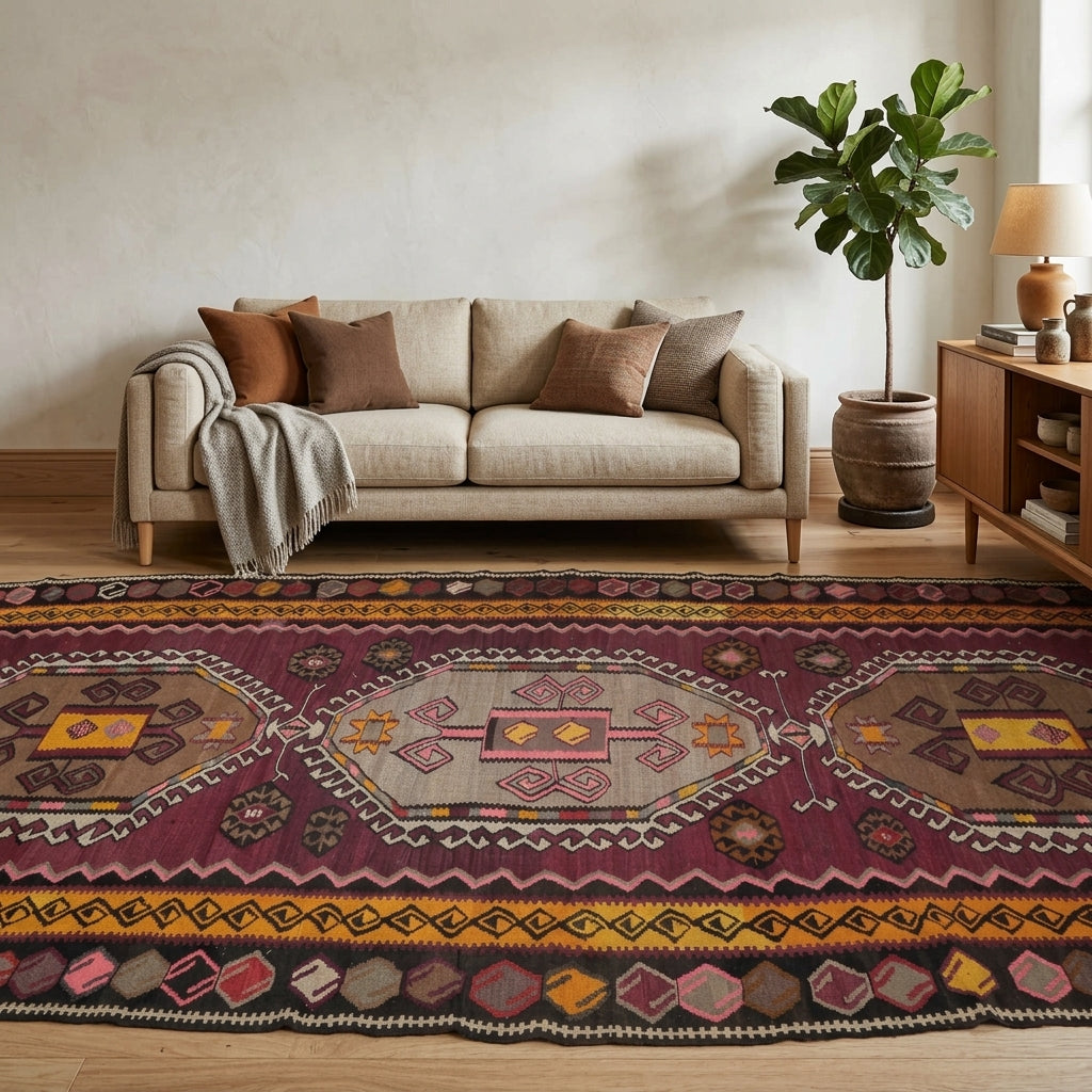 Tribal pattern on the Ceydagul vintage kilim rug – handwoven flatweave in Anatolia, Turkey
