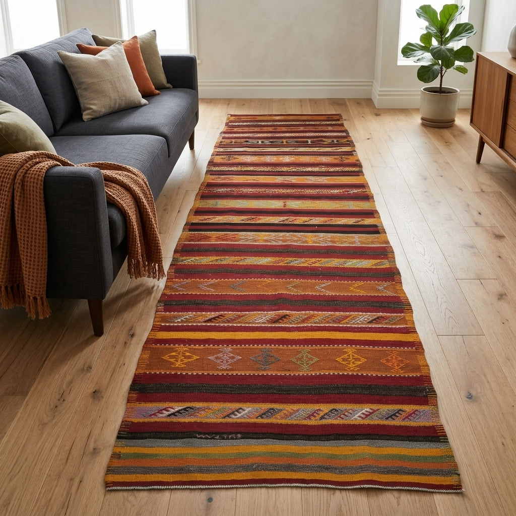 Striped pattern on the Nausomene vintage kilim runner rug – handwoven flatweave in Anatolia, Turkey