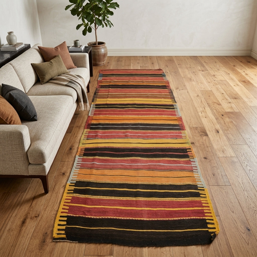 Striped pattern on the Naiaphyllis vintage kilim runner rug – handwoven flatweave in Anatolia, Turkey