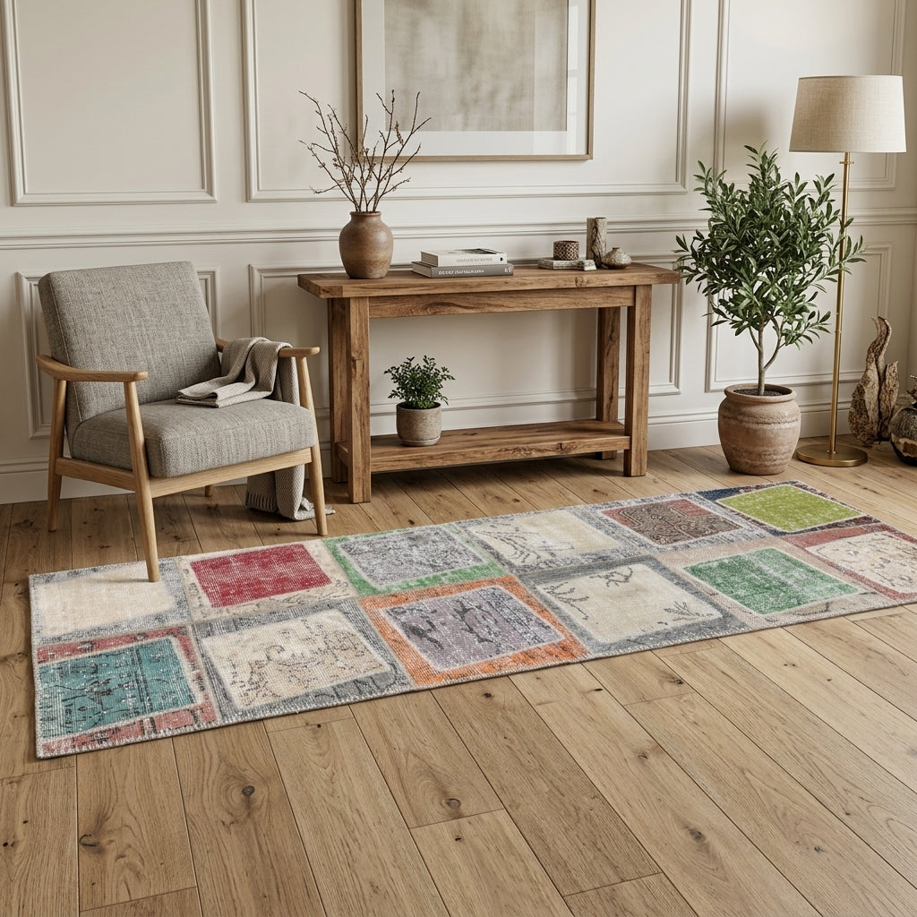 Solid pattern on the Oyku vintage patchwork runner rug – handmade in Anatolia, Turkey