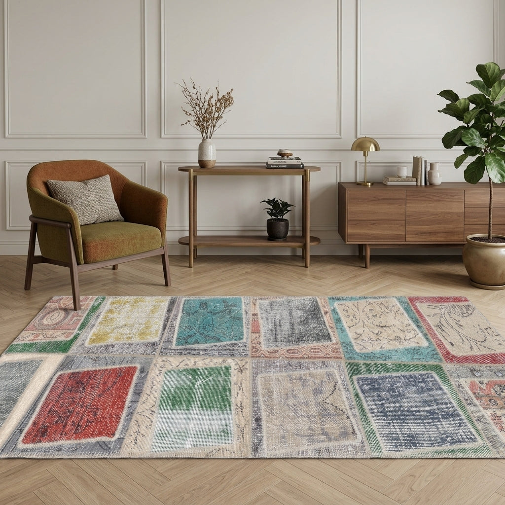 Geometric pattern on the Oyanur vintage patchwork runner rug – handmade in Anatolia, Turkey