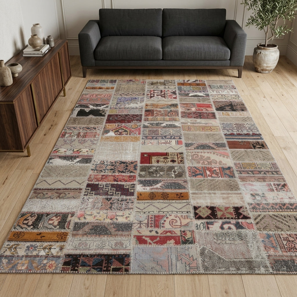Tribal pattern on the Zelihanaz Genesis vintage patchwork area rug – handmade in Anatolia, Turkey