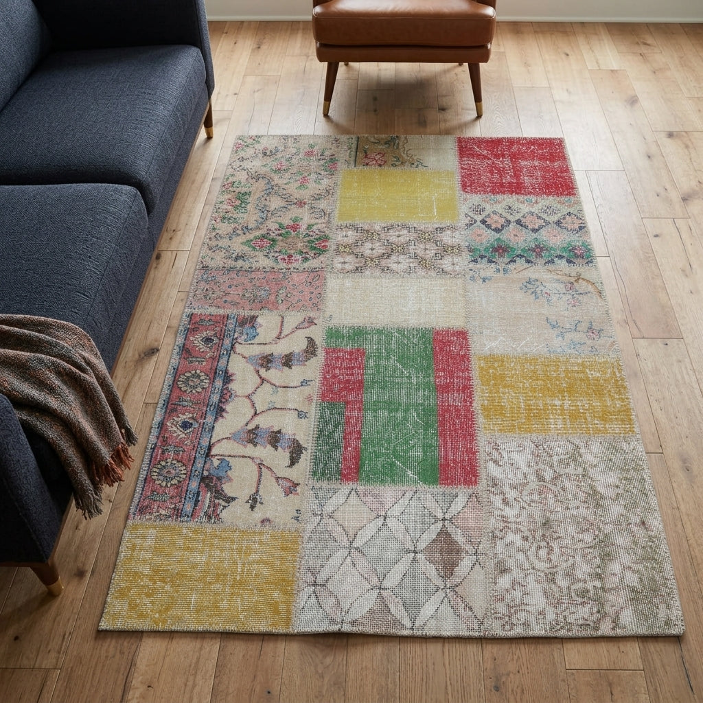 Tribal pattern on the Gulustunaz vintage patchwork area rug – handmade in Anatolia, Turkey