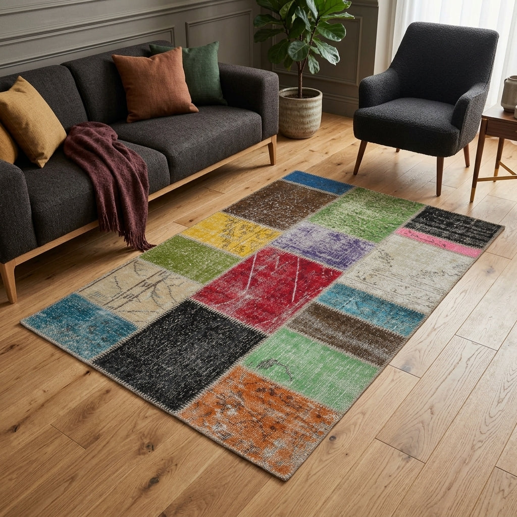 Solid pattern on the Gulru vintage patchwork area rug – handmade in Anatolia, Turkey