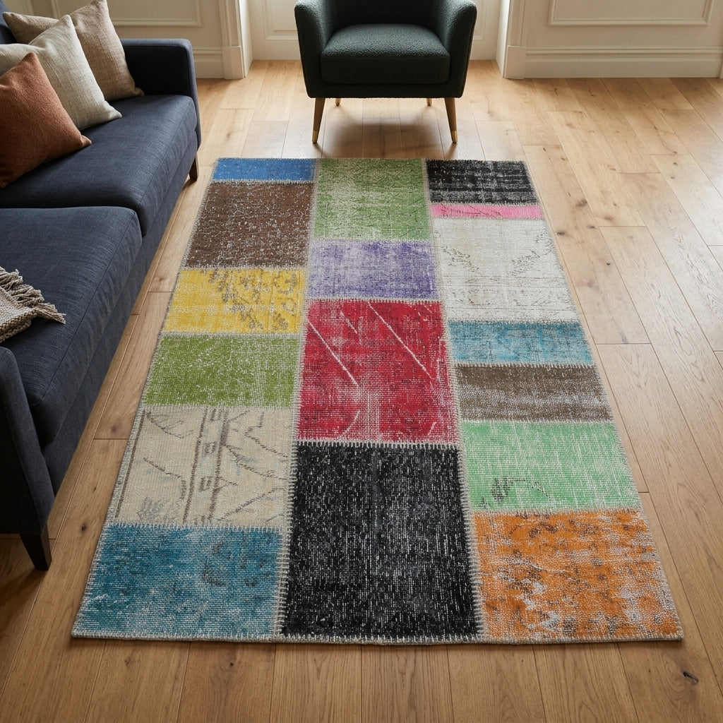 Solid pattern on the Gulru vintage patchwork area rug – handmade in Anatolia, Turkey