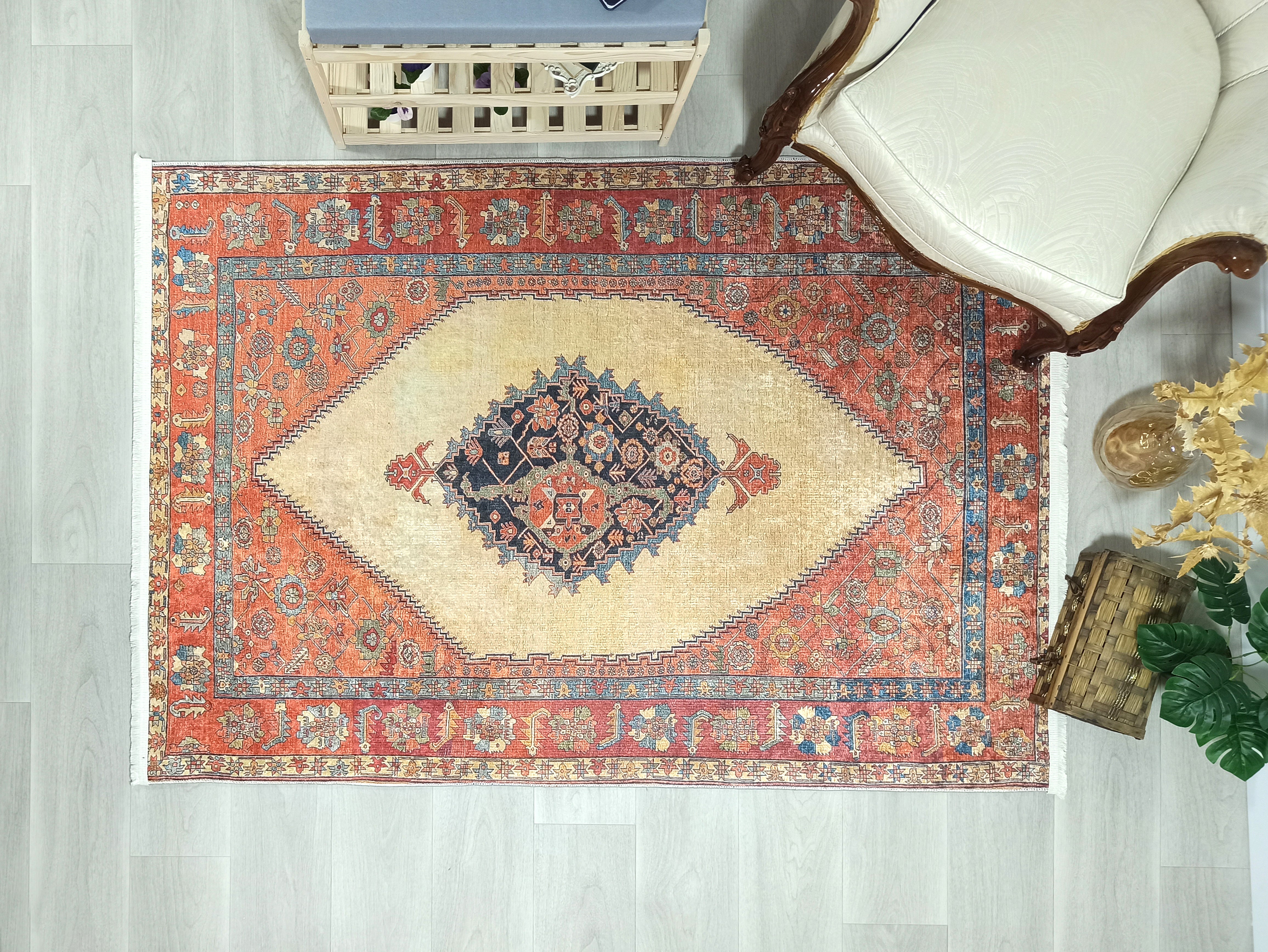 Persian Heriz Orange Beige Vintage Design Rug
