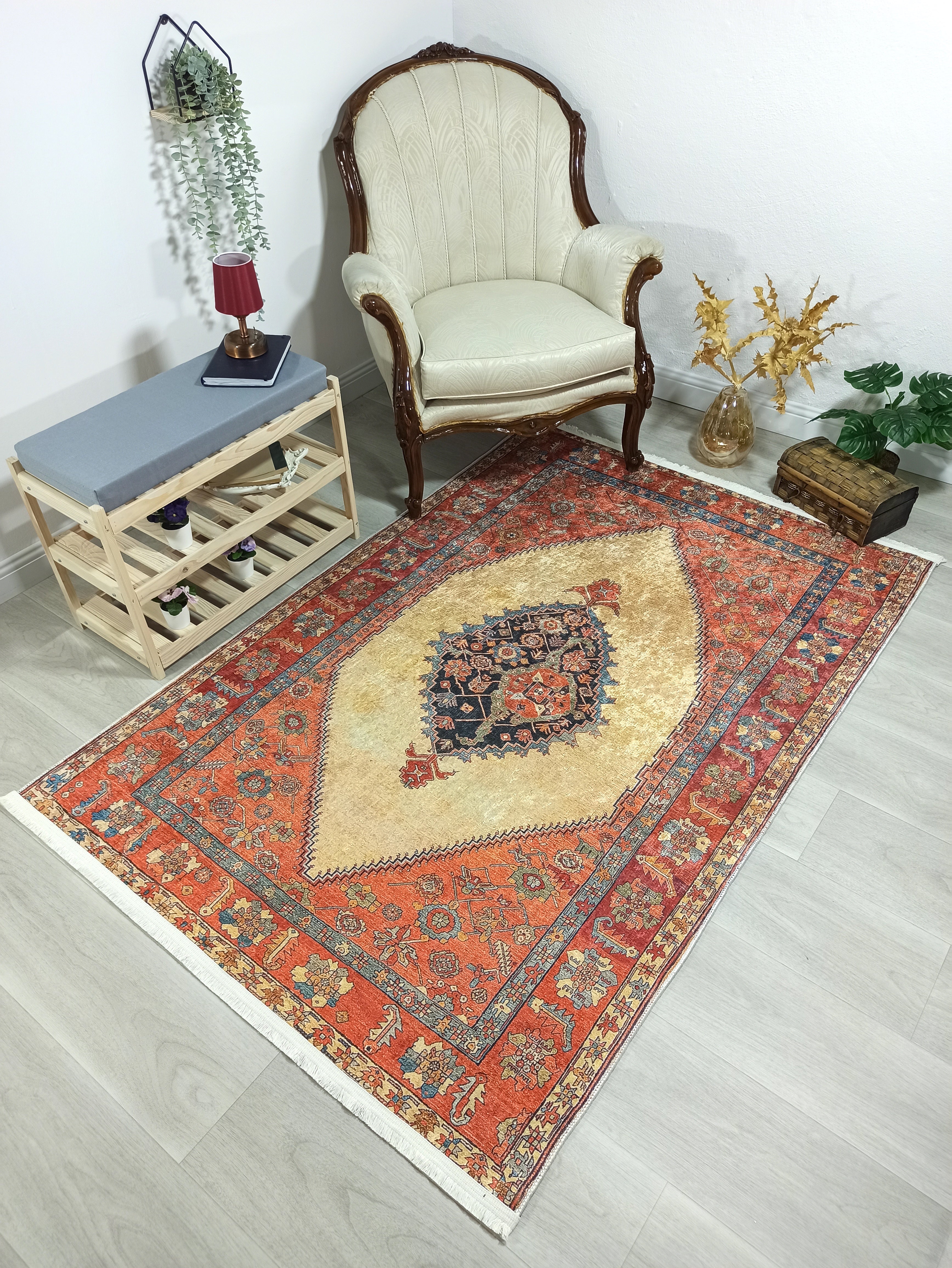 Persian Heriz Orange Beige Vintage Design Rug
