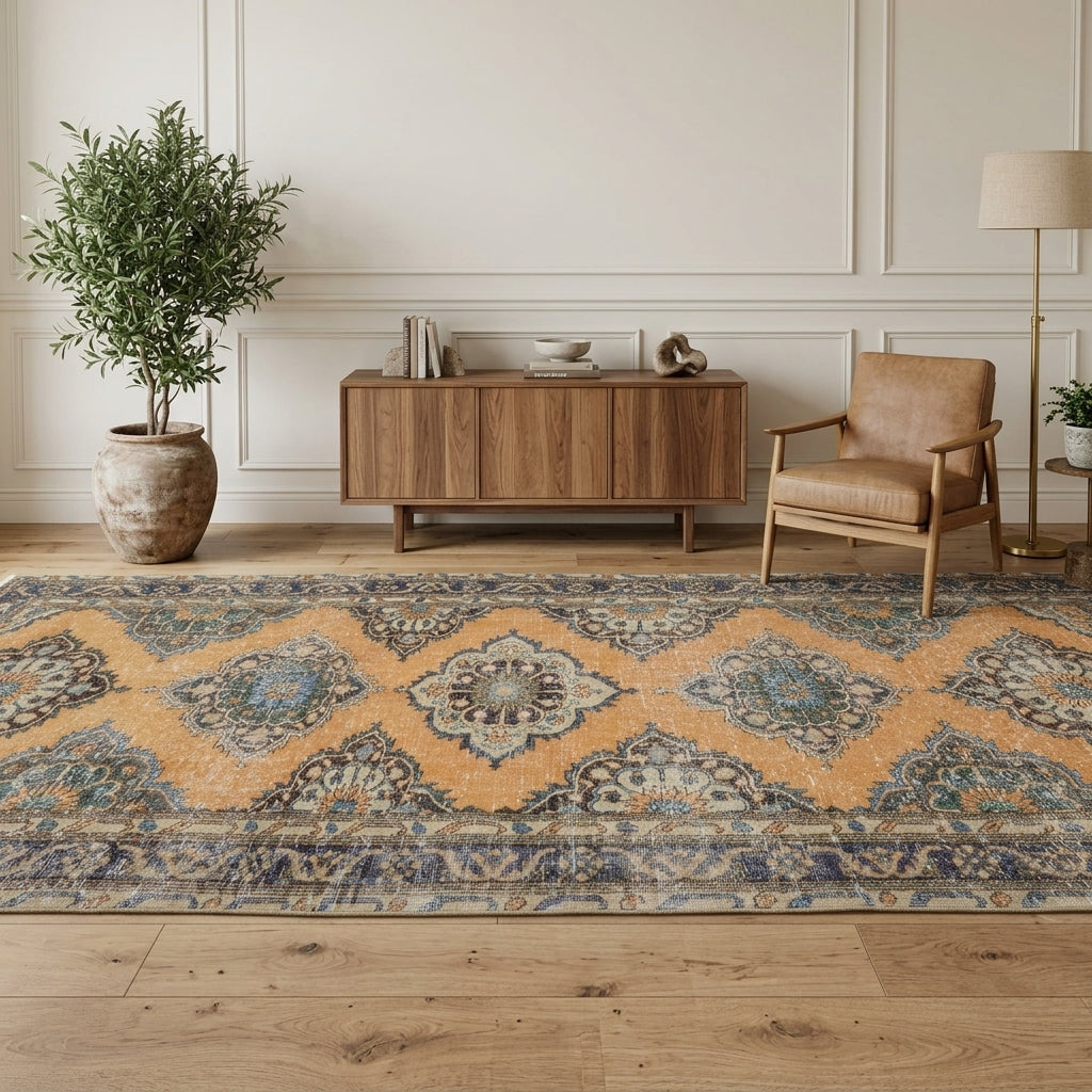 Oriental pattern on the Yaprakefsan Goksel vintage runner rug – handmade in Anatolia, Turkey