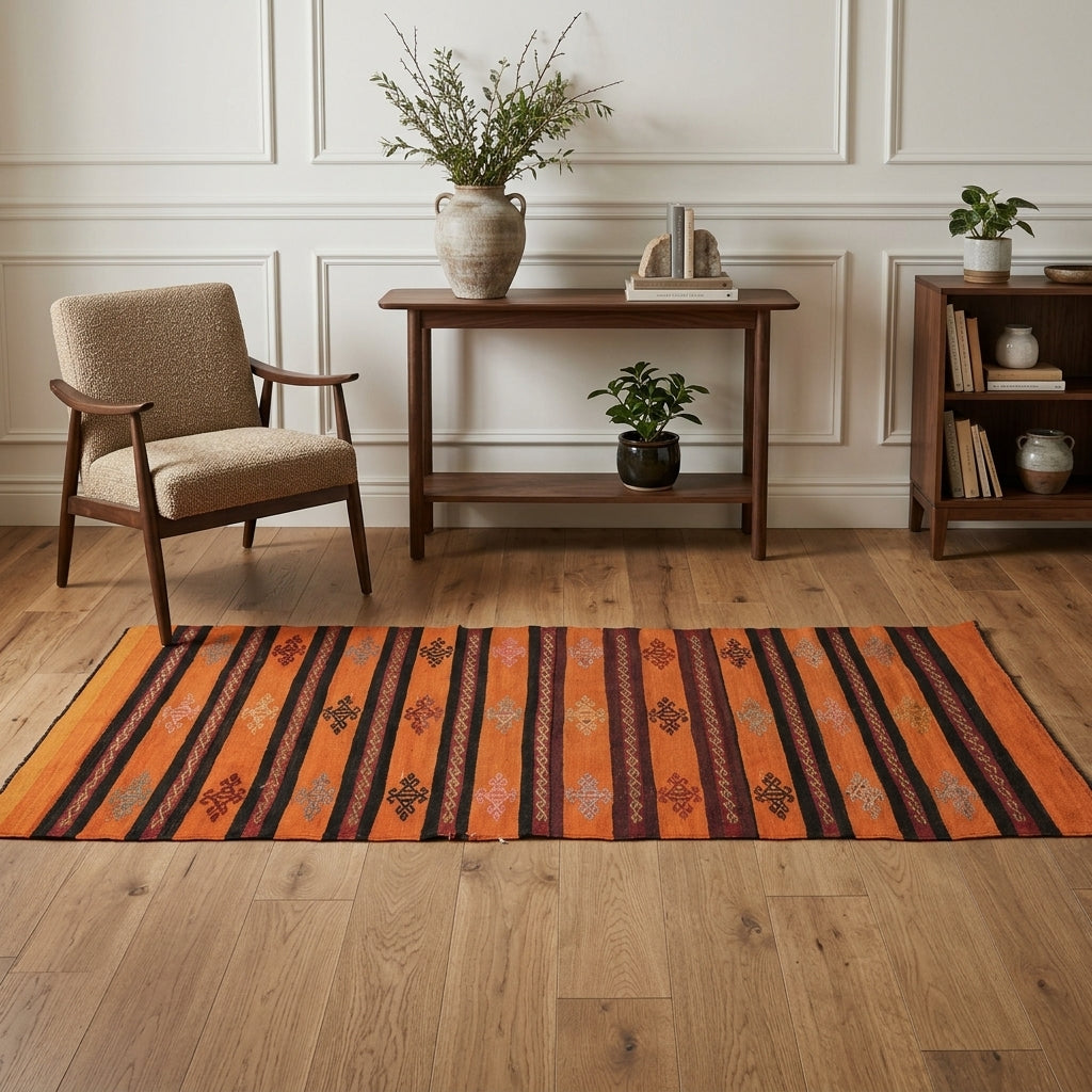 Striped pattern on the Pelagokrateia vintage kilim runner rug – handwoven flatweave in Anatolia, Turkey