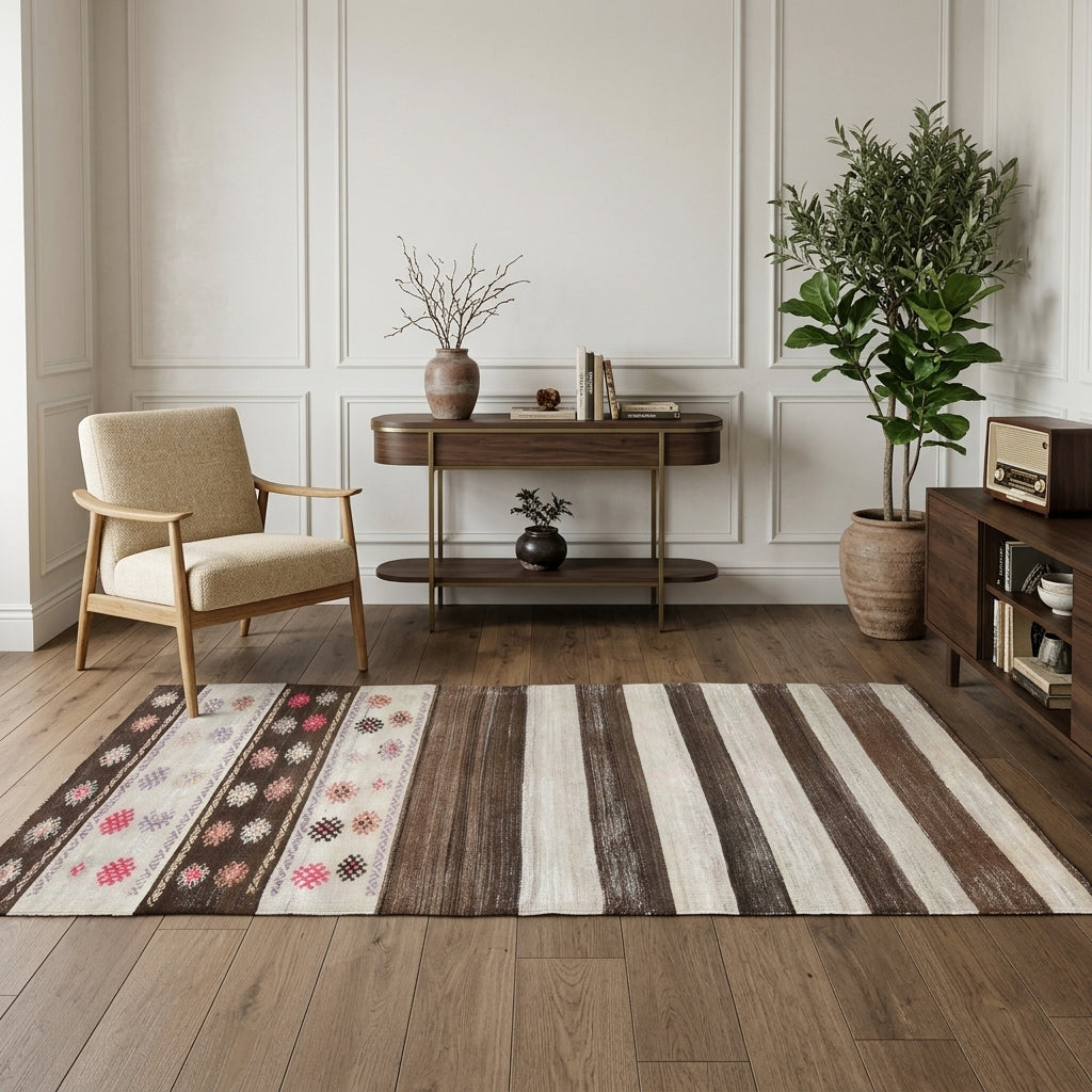 Striped pattern on the Papatyakusa vintage kilim runner rug – handwoven flatweave in Anatolia, Turkey