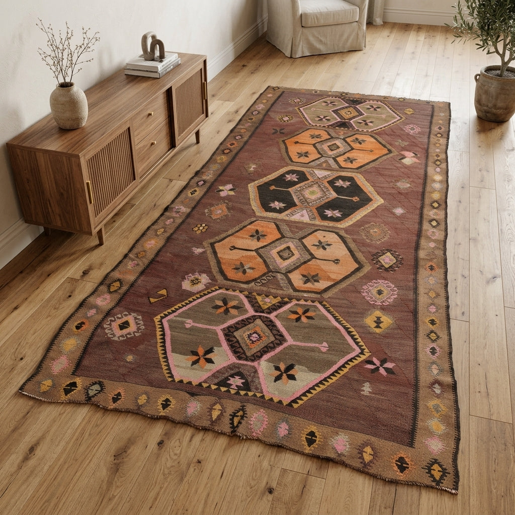 Tribal pattern on the Vuslatefruz Gozdem vintage kilim runner rug – handwoven flatweave in Sivas, Turkey