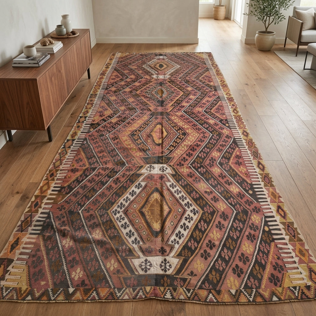 Geometric pattern on the Vefanisin Gracelyn vintage kilim runner rug – handwoven flatweave in Sivas, Turkey