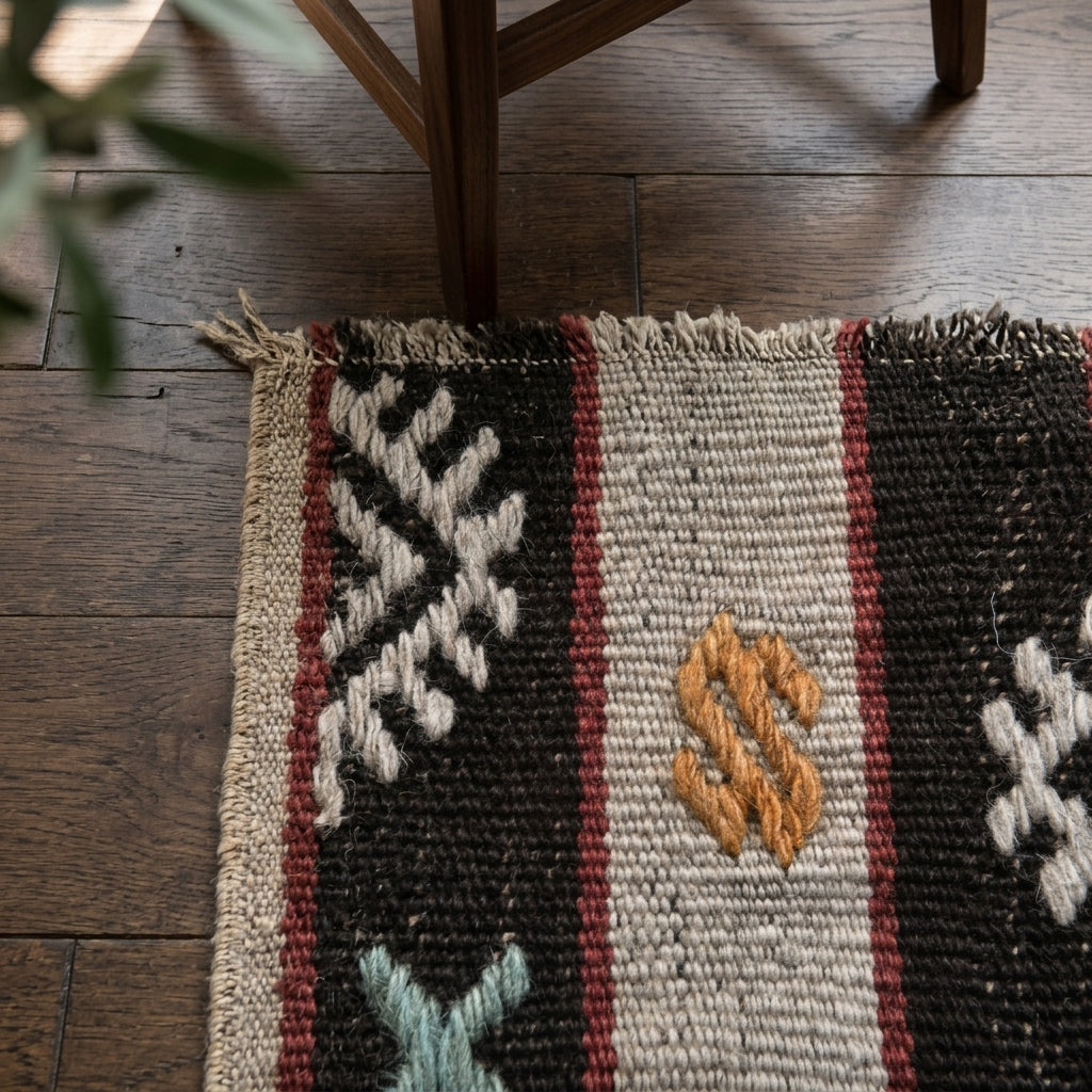 Tribal pattern on the Suzangonca Gumush vintage kilim rug – handwoven flatweave in Sivas, Turkey