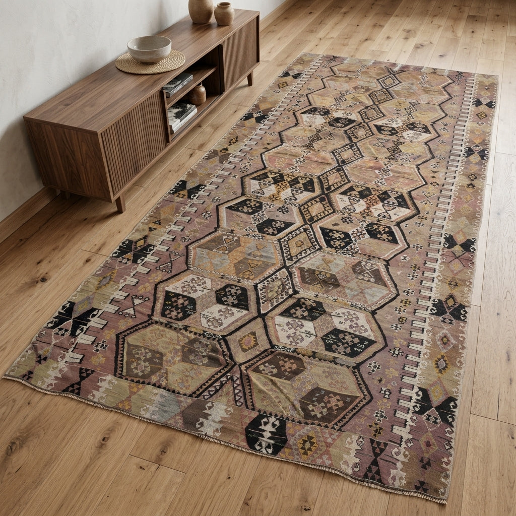 Ikat pattern on the Sophrodike Gusel vintage kilim rug – handwoven flatweave in Sivas, Turkey