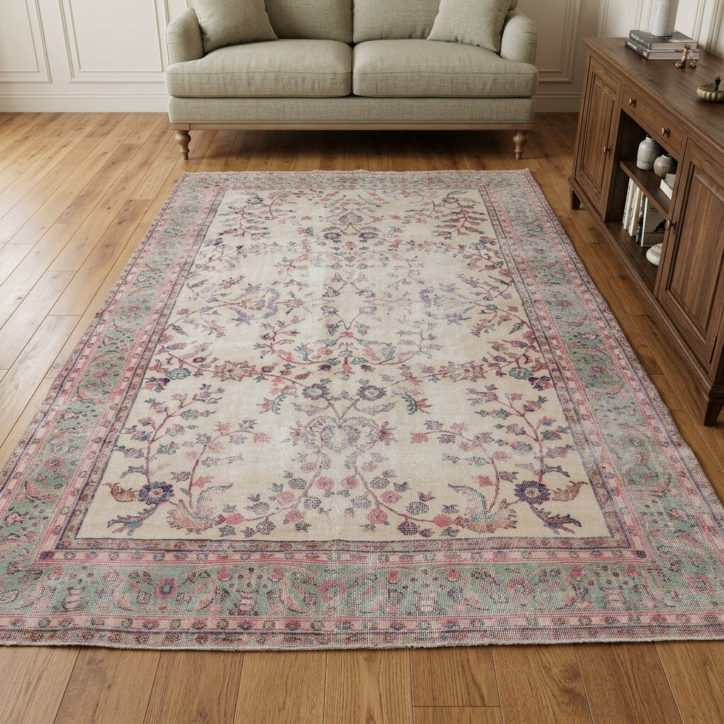 Floral pattern on the Zumrutdeniz Feyzam vintage area rug – handmade in Anatolia, Turkey