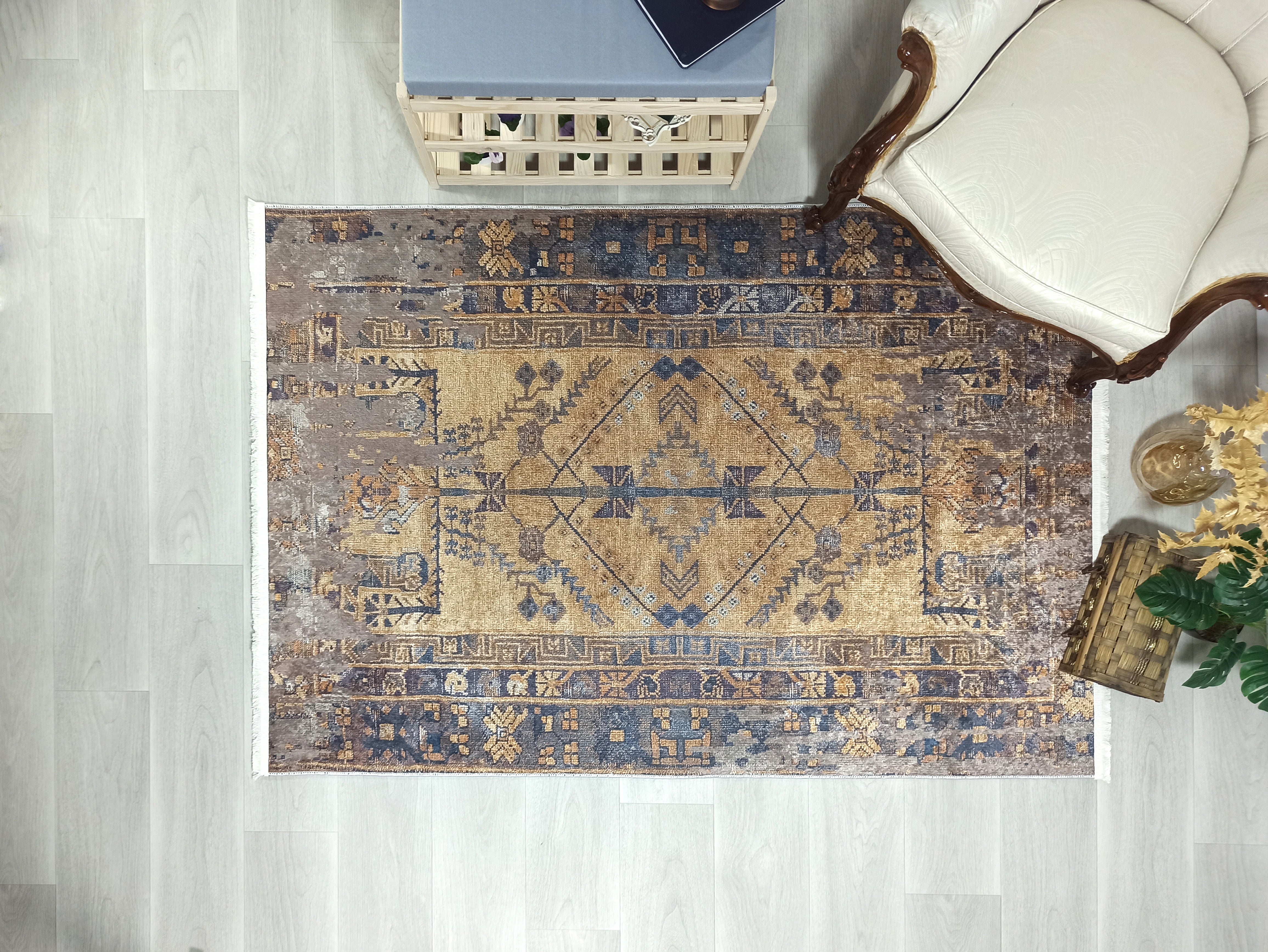 Persian Style Brown Yellow Vintage Design Farmhouse Rug