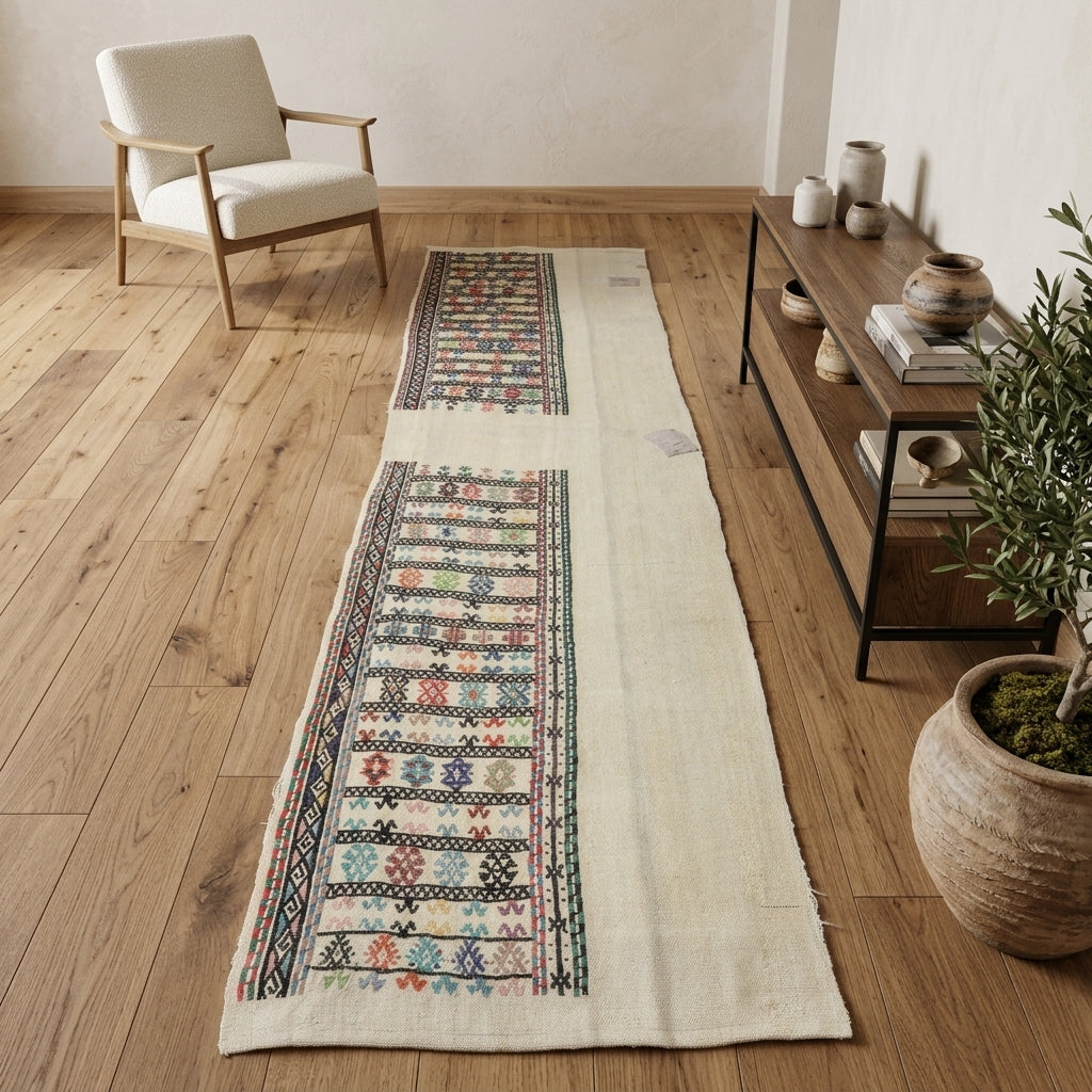 Tribal pattern on the Tarabahce vintage kilim runner rug – handwoven flatweave in Anatolia, Turkey