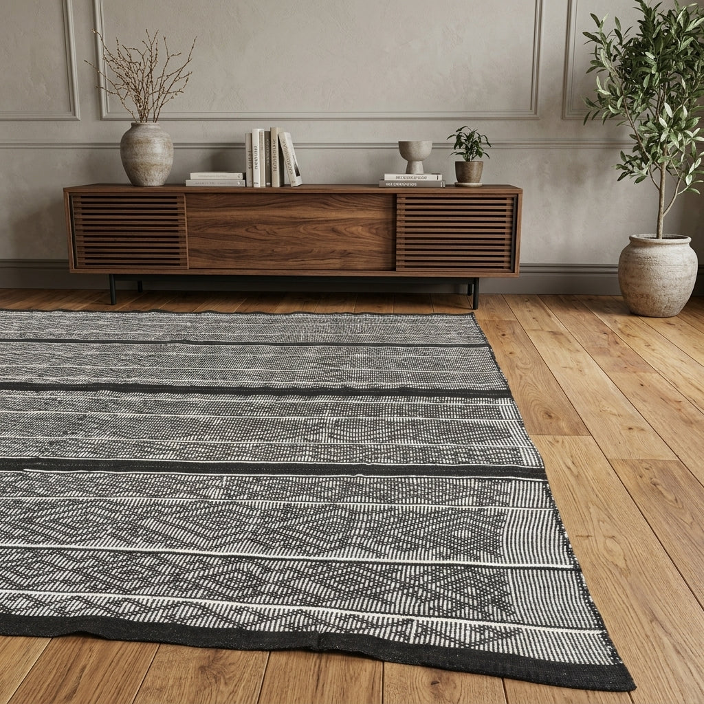Striped pattern on the Ebru vintage kilim rug – handwoven flatweave in Anatolia, Turkey