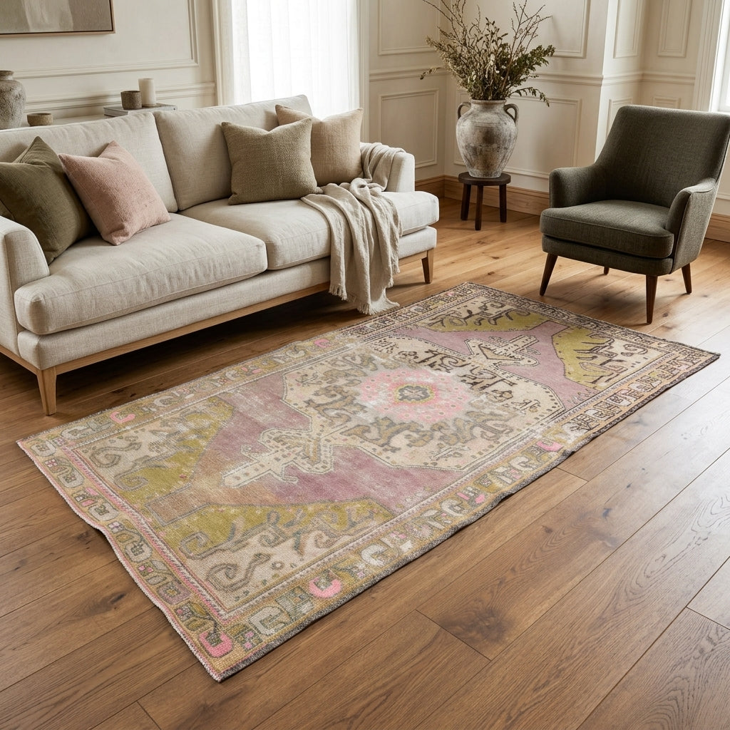 Medallion pattern on the Nigarnisin vintage area rug – handmade in Anatolia, Turkey