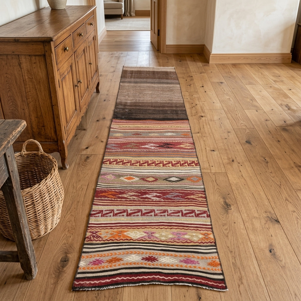 Tribal pattern on the Sevdanisin vintage kilim runner rug – handwoven flatweave in Anatolia, Turkey