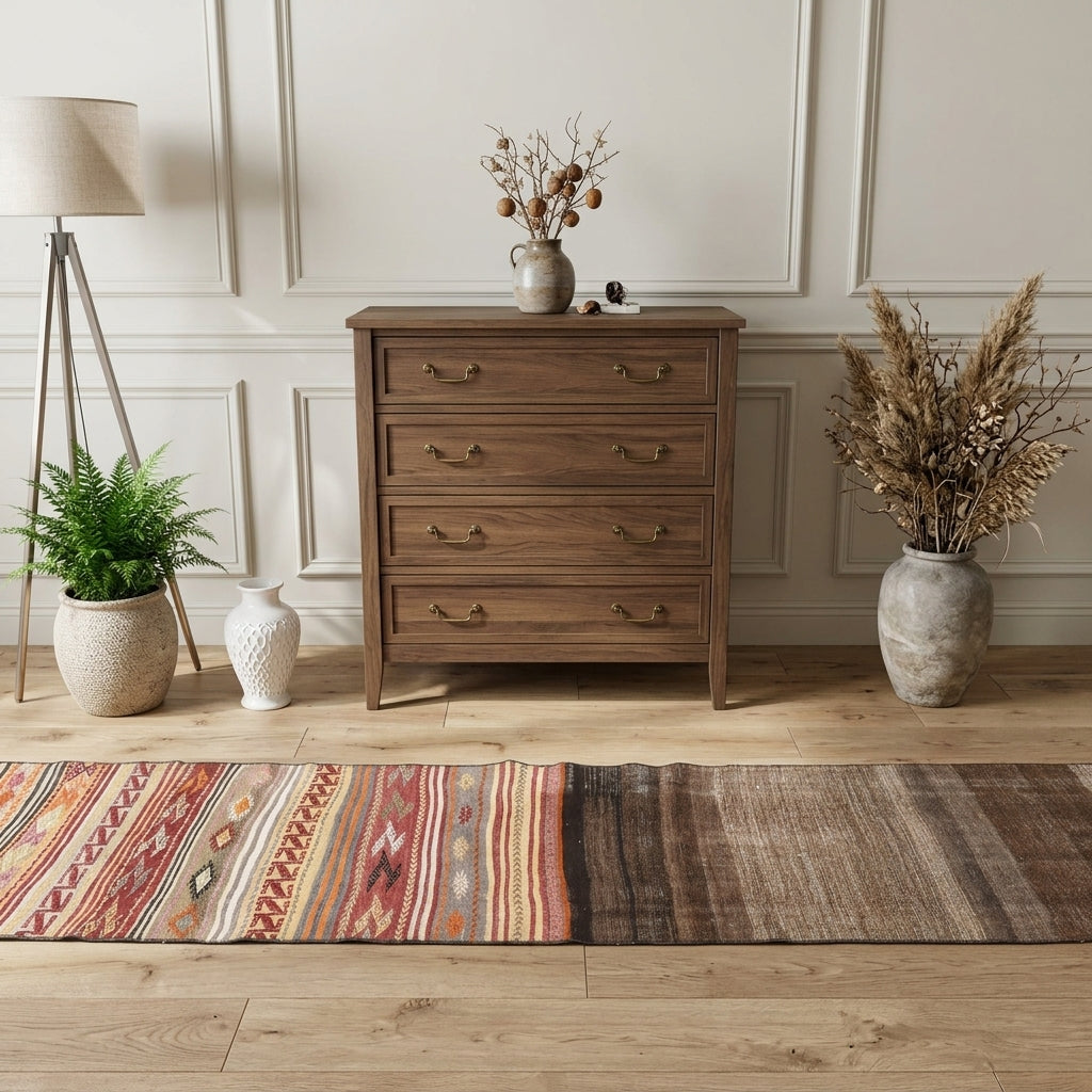 Tribal pattern on the Sevdanisin vintage kilim runner rug – handwoven flatweave in Anatolia, Turkey