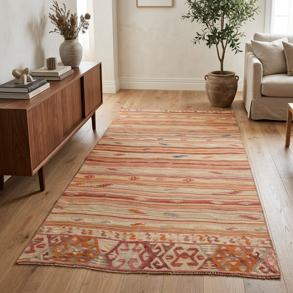 Abstract pattern on the Tuncsad vintage kilim runner rug – handwoven flatweave in Anatolia, Turkey