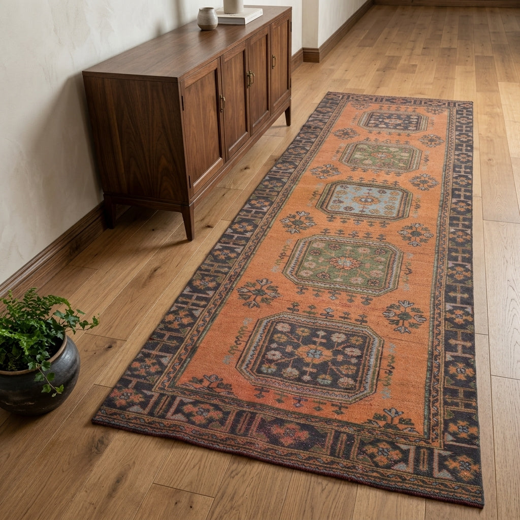 Floral pattern on the Kyanocharis vintage runner rug – handmade in Anatolia, Turkey