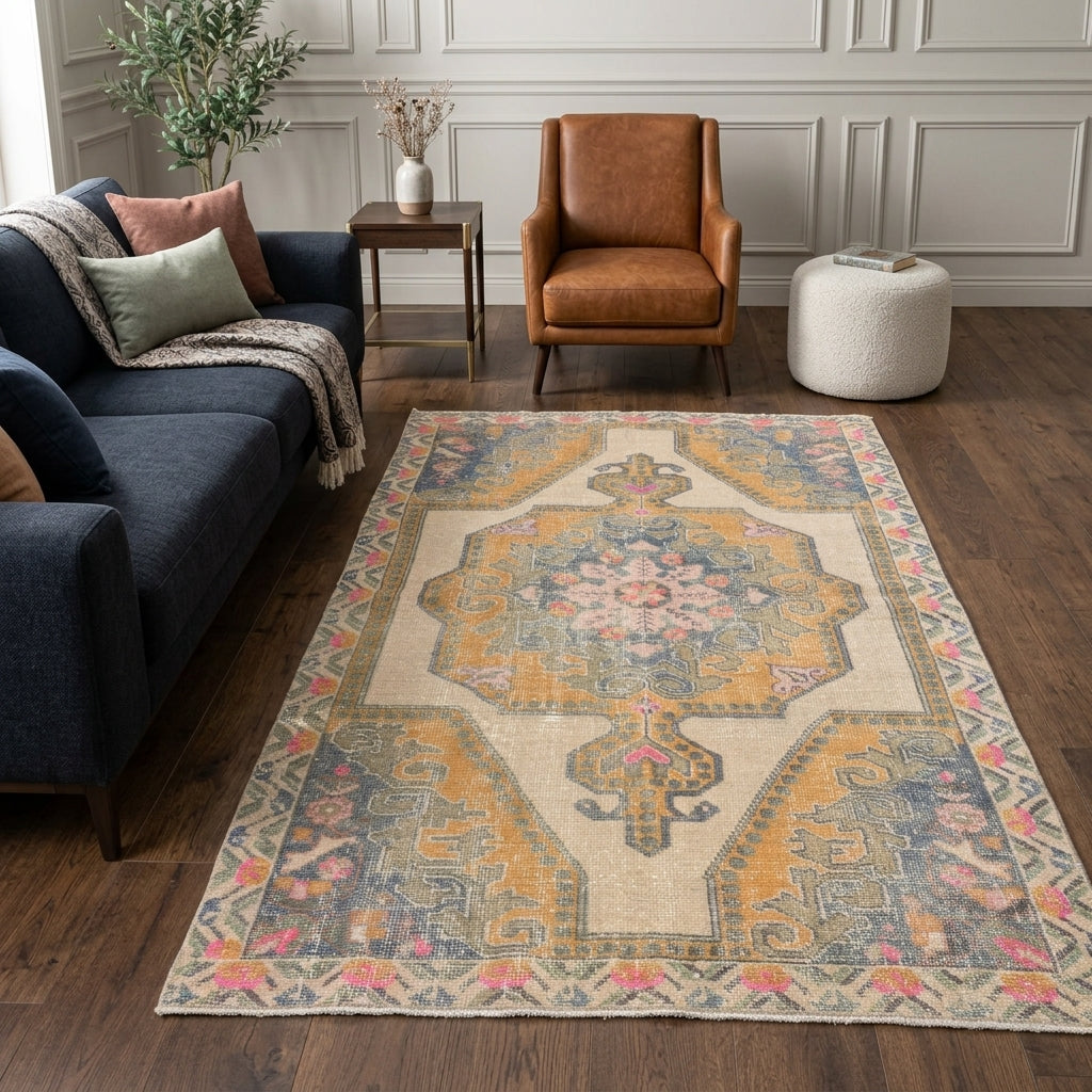 Oriental pattern on the Nesterenbahar vintage area rug – handmade in Anatolia, Turkey