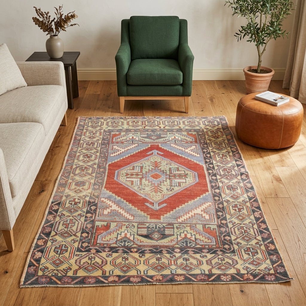 Oriental pattern on the Nergisever vintage area rug – handmade in Anatolia, Turkey