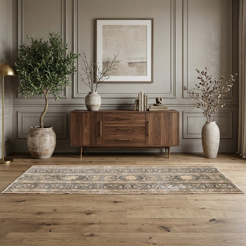 Ikat pattern on the Oykunihal vintage patchwork runner rug – handmade in Anatolia, Turkey