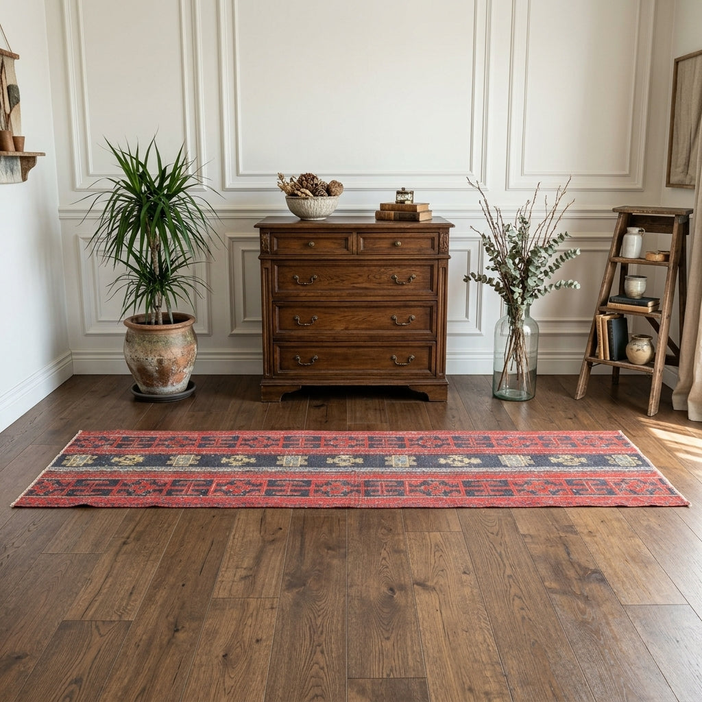 Ikat pattern on the Ouranorhoe vintage patchwork runner rug – handmade in Anatolia, Turkey