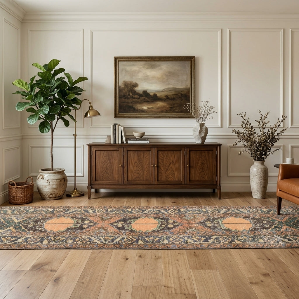 Ikat pattern on the Nurmelek vintage patchwork runner rug – handmade in Anatolia, Turkey