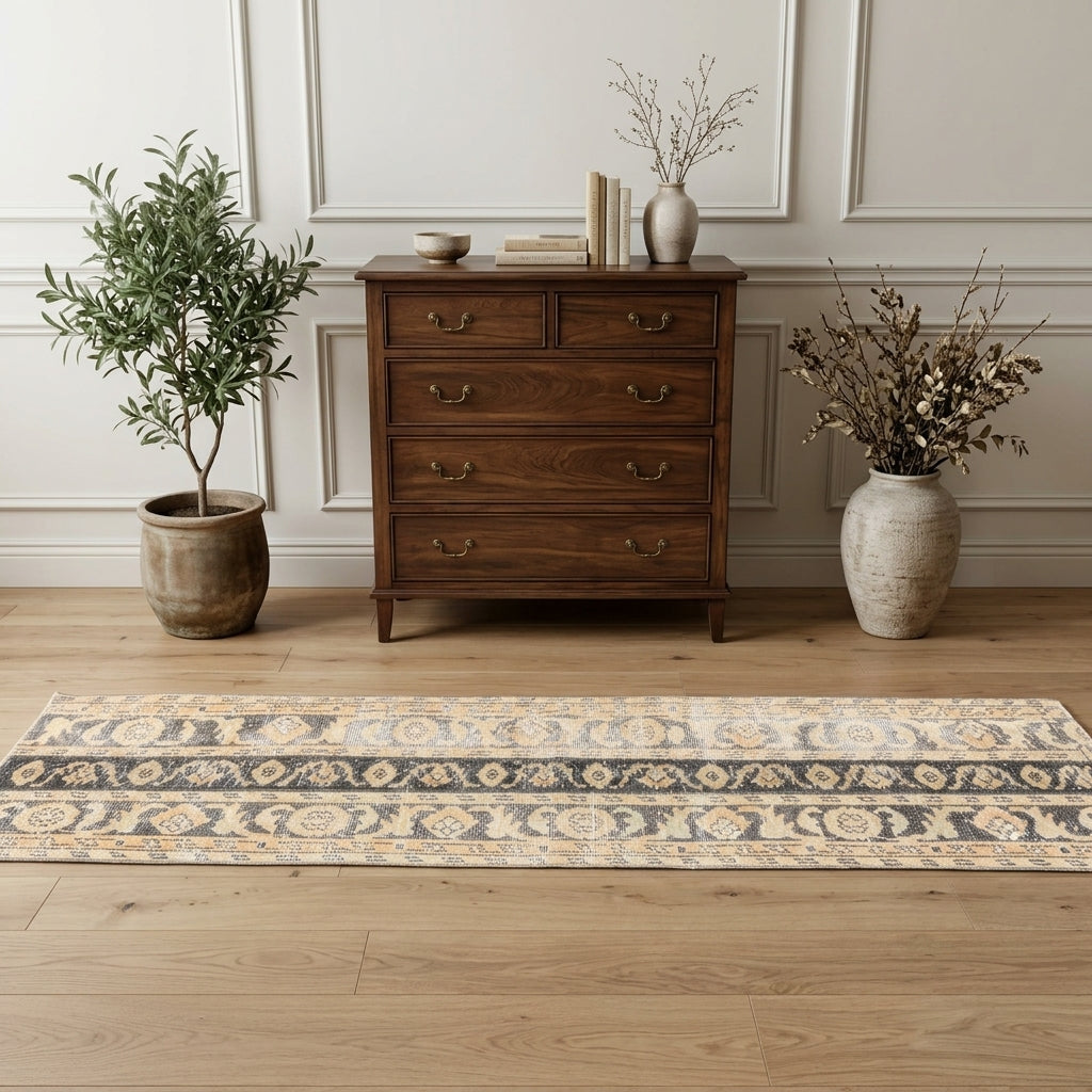 Ikat pattern on the Pinarkusa vintage patchwork runner rug – handmade in Anatolia, Turkey