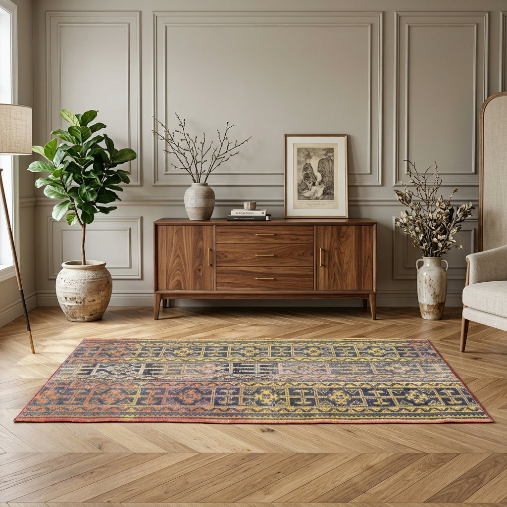 Ikat pattern on the Phemephyllis vintage patchwork runner rug – handmade in Anatolia, Turkey