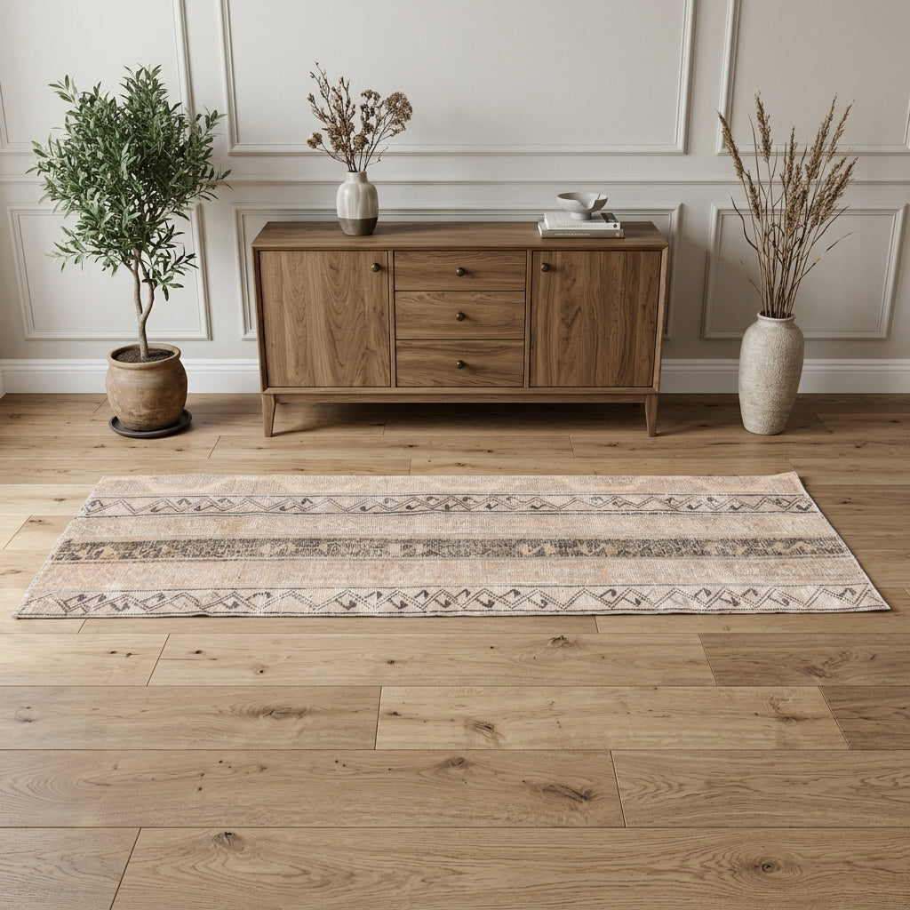 Ikat pattern on the Phemelampe vintage patchwork runner rug – handmade in Anatolia, Turkey