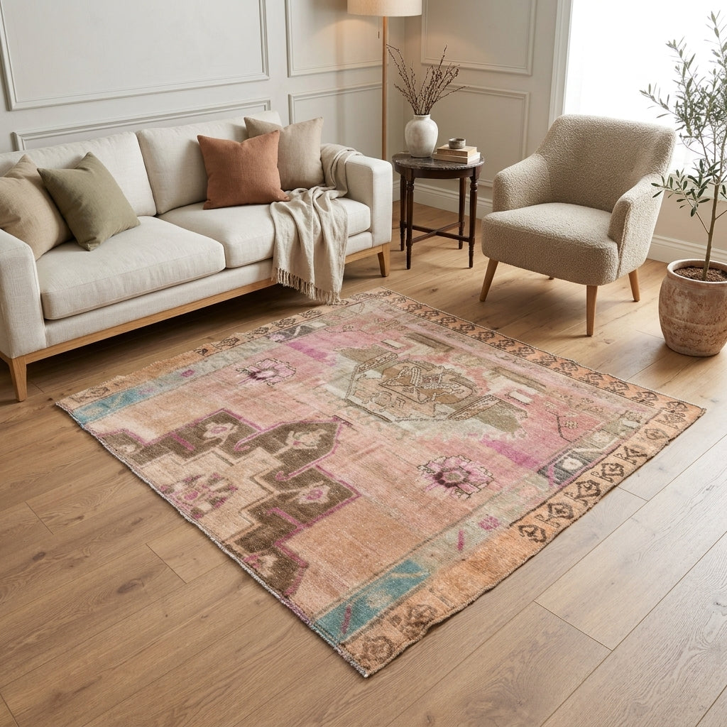 Ikat pattern on the Nehirsel vintage area rug – handmade in Anatolia, Turkey